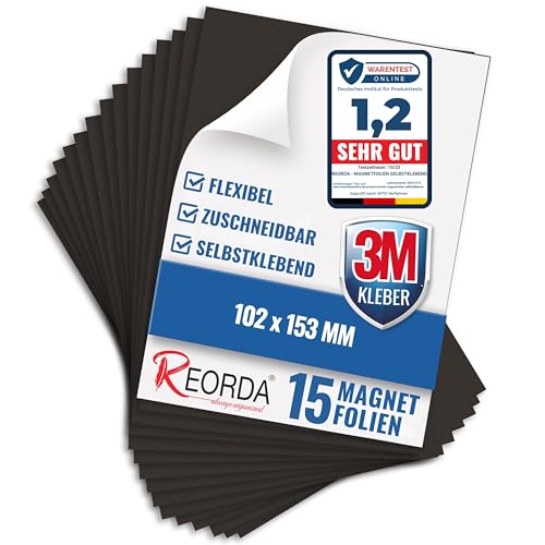 Reorda Magnetfolie selbstklebend 15er Set - Magnetpapier mit starkem 3M-Kleber - Magnetplatte zuschneidbar für Kühlschrank, Tafeln & Poster - Magnetische Folie selbstklebend für's Basteln von Reorda