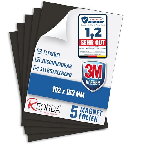 Reorda Magnetfolie selbstklebend 5er Set - Magnetpapier mit starkem 3M-Kleber - Magnetplatte zuschneidbar für Kühlschrank, Tafeln & Poster - Magnetische Folie selbstklebend für's Basteln von Reorda