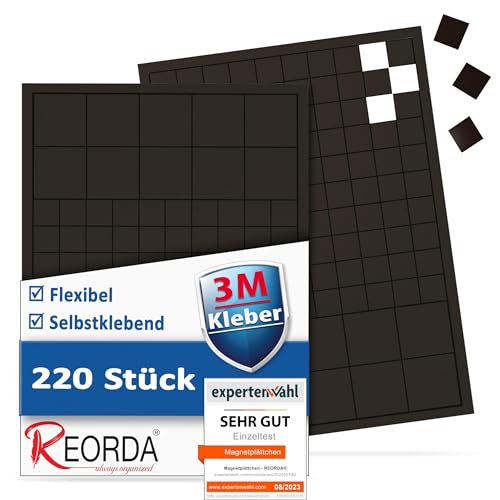 Reorda Magnetplättchen selbstklebend (220 Stück) | Starker 3M-Kleber ermöglicht erstklassige Klebekraft | Vielseitige Flache Magnete zum basteln & schneiden | Ideal nutzbar für Schule & Büro von Reorda