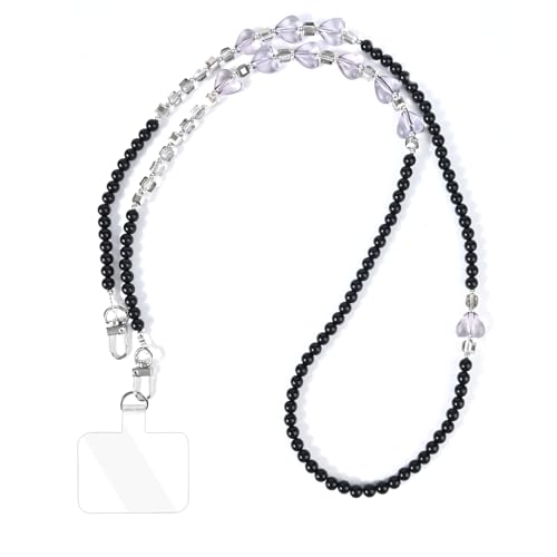 Reownest 1 Universal HandyKette Handy-Schnur mit 1 Patch, Süßes Perlen-Handyband mit Herz Design Handy Umhängeband mit Metallverschluss, Anti-Verlust Handykette für Mädchen und Frauen -Schwarz von Reownest