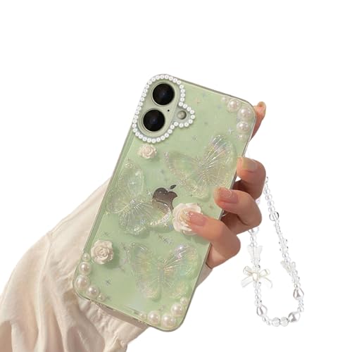 Reownest Handyhülle Kompatibel iPhone 16 Hülle Flash Schmetterling Blume Transparent Design Aesthetic Frauen Mädchen Glitzer Kristall mit Süßes Chain TPU Case + Perlenkette von Reownest