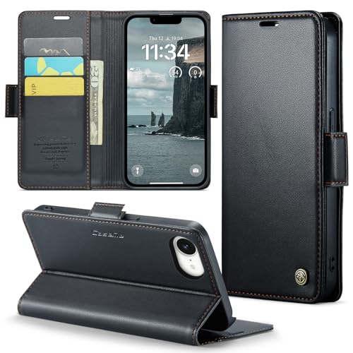 Rerzoiro Handyhülle für iPhone 16e Hülle, Premium PU Lederhülle Klappbar Flip Case [RFID Blocker] Tasche Magnet Kartenfach Klapphülle Schutzhülle für Apple iPhone 16e, Schwarz von Rerzoiro