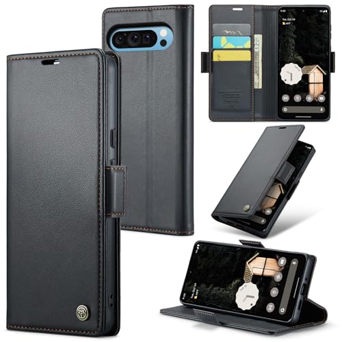 Rerzoiro Handyhülle für Google Pixel 9 Pro XL Hülle, Premium PU Lederhülle Klappbar Flip Case [RFID Blocker] Tasche Magnet Kartenfach Klapphülle Schutzhülle für Google Pixel 9 Pro XL, Schwarz von Rerzoiro