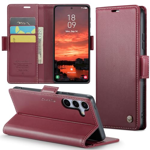 Rerzoiro Handyhülle für Samsung Galaxy S25 Hülle, Premium PU Lederhülle Klappbar Flip Case [RFID Blocker] Tasche Magnet Kartenfach Klapphülle Schutzhülle für Samsung Galaxy S25, Rot von Rerzoiro