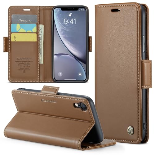 Rerzoiro Handyhülle für iPhone XR Hülle, Premium PU Lederhülle Klappbar Flip Case [RFID Blocker] Tasche Magnet Kartenfach Klapphülle Schutzhülle für Apple iPhone XR, Braun von Rerzoiro