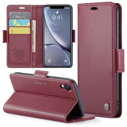 Rerzoiro Handyhülle für iPhone XR Hülle, Premium PU Lederhülle Klappbar Flip Case [RFID Blocker] Tasche Magnet Kartenfach Klapphülle Schutzhülle für Apple iPhone XR, Rot von Rerzoiro