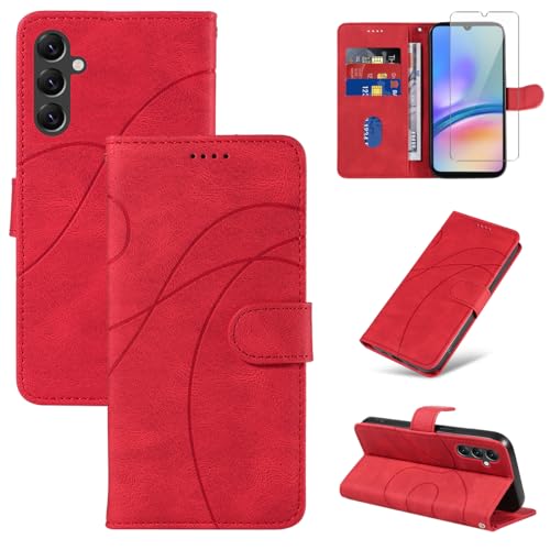 Reshias Handyhülle für Samsung Galaxy A05S Hülle mit 1 Stücke Gehärtetes Glas Schutzfolie Displayschutzfolie, Standfunktion und Kartenfach Schutzhülle (Rot) von Reshias