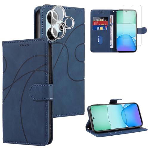 Handyhülle für Xiaomi Redmi 13 4G / Poco M6 4G Hülle mit 1 Stück Gehärtetes Glas Schutzfolie Displayschutzfolie und 1 Stück Kameraschutz, Standfunktion und Kartenfach Schutzhülle (Blau) von Reshias