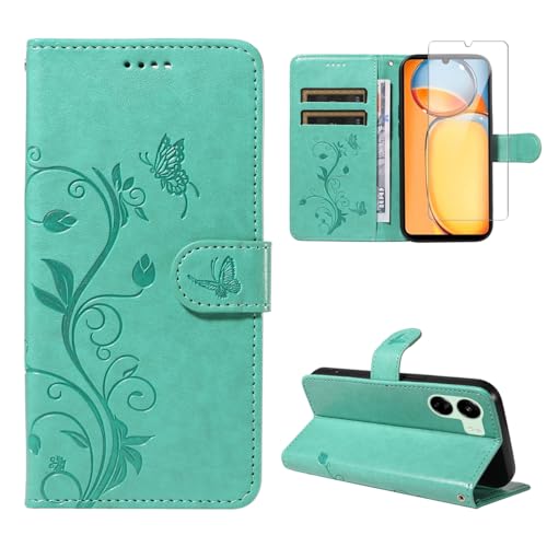 Handyhülle für Xiaomi Redmi 13C 4G / Poco C65 Hülle mit 1 Stücke Gehärtetes Glas Schutzfolie Displayschutzfolie, Standfunktion und Kartenfach Schutzhülle, Schmetterling-Muster Case (Grün) von Reshias
