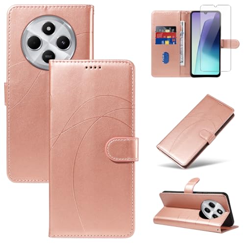 Handyhülle für Xiaomi Redmi 14C / Poco C75 / Redmi A4 5G Hülle mit 1 Stück Gehärtetes Glas Schutzfolie Displayschutzfolie, Standfunktion und Kartenfach Schutzhülle (Roségold) von Reshias