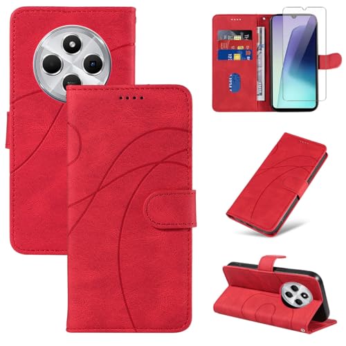 Handyhülle für Xiaomi Redmi 14C / Poco C75 / Redmi A4 5G Hülle mit 1 Stück Gehärtetes Glas Schutzfolie Displayschutzfolie, Standfunktion und Kartenfach Schutzhülle (Rot) von Reshias