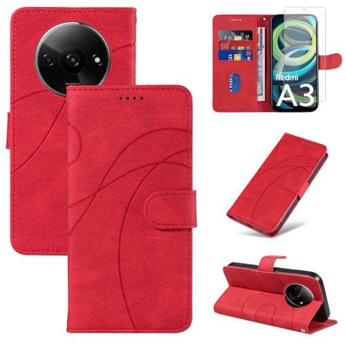 Handyhülle für Xiaomi Redmi A3 Hülle mit 1 Stücke Gehärtetes Glas Schutzfolie Displayschutzfolie, Standfunktion und Kartenfach Schutzhülle (Rot) von Reshias