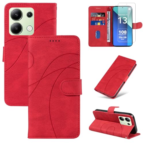 Handyhülle für Xiaomi Redmi Note 13 4G (Nicht für Redmi Note 13 5G) Hülle mit 1 Stücke Gehärtetes Glas Schutzfolie Displayschutzfolie, Standfunktion und Kartenfach Schutzhülle (Rot) von Reshias