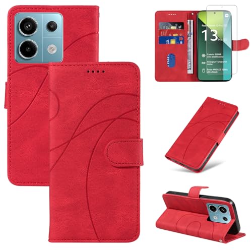 Handyhülle für Xiaomi Redmi Note 13 Pro 5G (Nicht für 4G) / Poco X6 5G Hülle mit 1 Stücke Gehärtetes Glas Schutzfolie Displayschutzfolie, Standfunktion und Kartenfach Schutzhülle (Rot) von Reshias