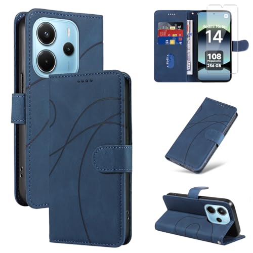 Handyhülle für Xiaomi Redmi Note 14 4G EU Version (Nicht für Global Version) (Nicht für 5G) Hülle mit 1 Stück Gehärtetes Glas Schutzfolie Displayschutzfolie, PU-Leder und Flip Hüllen (Blau) von Reshias