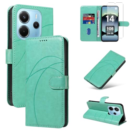 Handyhülle für Xiaomi Redmi Note 14 4G EU Version (Nicht für Global Version) (Nicht für 5G) Hülle mit 1 Stück Gehärtetes Glas Schutzfolie Displayschutzfolie, PU-Leder und Flip Hüllen (Grün) von Reshias