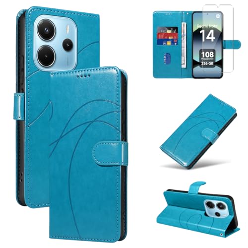 Handyhülle für Xiaomi Redmi Note 14 4G EU Version (Nicht für 5G) Hülle mit 1 Stück Gehärtetes Glas Schutzfolie Displayschutzfolie, PU-Leder und Flip Hüllen, Stand Schutzhülle (Himmelblau) von Reshias