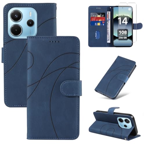 Handyhülle für Xiaomi Redmi Note 14 4G (Nicht für EU Version) (Nicht für 5G) Hülle mit 1 Stück Gehärtetes Glas Schutzfolie Displayschutzfolie, Standfunktion und Kartenfach Schutzhülle (Blau) von Reshias