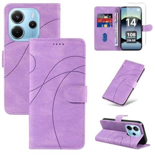 Handyhülle für Xiaomi Redmi Note 14 4G (Nicht für EU Version) (Nicht für 5G) Hülle mit 1 Stück Gehärtetes Glas Schutzfolie Displayschutzfolie, Standfunktion und Kartenfach Schutzhülle (Lila) von Reshias