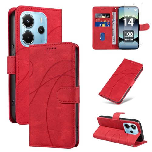 Handyhülle für Xiaomi Redmi Note 14 4G EU Version (Nicht für 5G) Hülle mit 1 Stück Gehärtetes Glas Schutzfolie Displayschutzfolie, PU-Leder und Flip Hüllen, Standfunktion Schutzhülle (Rot) von Reshias