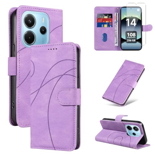 Handyhülle für Xiaomi Redmi Note 14 4G EU Version (Nicht für Global Version) (Nicht für 5G) Hülle mit 1 Stück Gehärtetes Glas Schutzfolie Displayschutzfolie, PU-Leder und Flip Hüllen (Lila) von Reshias