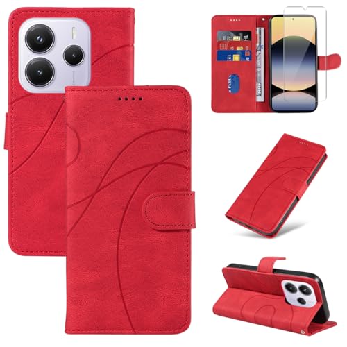 Handyhülle für Xiaomi Redmi Note 14 5G (Nicht für 4G) Hülle mit 1 Stück Gehärtetes Glas Schutzfolie Displayschutzfolie, Standfunktion und Kartenfach Schutzhülle (Rot) von Reshias