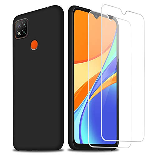 Hülle kompatibel mit Xiaomi Redmi 9C / 9C NFC / 10A, Schwarz Weich Flüssigkeit Silikon Handyhülle Schutzhülle mit Zwei Gehärtetes Glas Schutzfolie Displayschutzfolie für Redmi 9C / 9C NFC / 10A 6.53" von Reshias