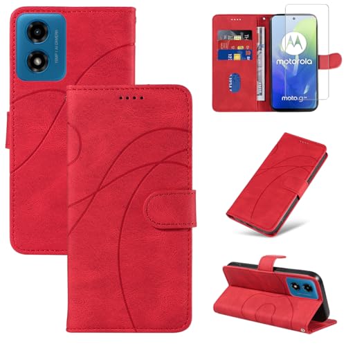 Reshias Handyhülle für Motorola Moto E14 / G24 / G04 Hülle mit 1 Stück Gehärtetes Glas Schutzfolie Displayschutzfolie, Standfunktion und Kartenfach Schutzhülle (Rot) von Reshias