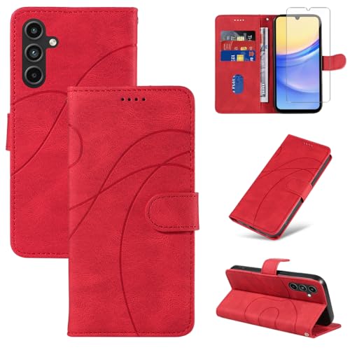 Reshias Handyhülle für Samsung Galaxy A15 4G / 5G Hülle mit 1 Stücke Gehärtetes Glas Schutzfolie Displayschutzfolie, Standfunktion und Kartenfach Schutzhülle (Rot) von Reshias