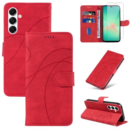 Reshias Handyhülle für Samsung Galaxy A26 5G Hülle mit 1 Stück Gehärtetes Glas Schutzfolie Displayschutzfolie, Standfunktion und Kartenfach Schutzhülle (Rot) von Reshias