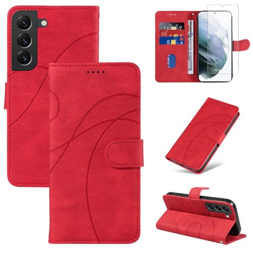 Reshias Handyhülle für Samsung Galaxy S21 5G Hülle mit 1 Stück Gehärtetes Glas Schutzfolie Displayschutzfolie, Standfunktion und Kartenfach Schutzhülle (Rot) von Reshias
