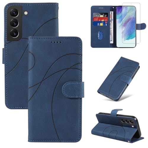 Reshias Handyhülle für Samsung Galaxy S21 FE 5G (Nicht für S21) Hülle mit 1 Stück Gehärtetes Glas Schutzfolie Displayschutzfolie, Standfunktion und Kartenfach Schutzhülle (Blau) von Reshias