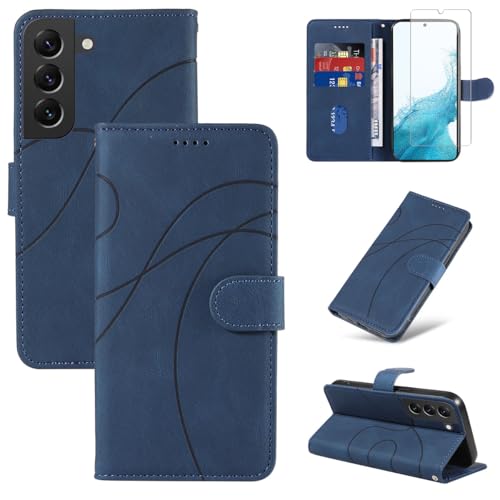Reshias Handyhülle für Samsung Galaxy S22 5G Hülle mit 1 Stück Gehärtetes Glas Schutzfolie Displayschutzfolie, Standfunktion und Kartenfach Schutzhülle (Blau) von Reshias