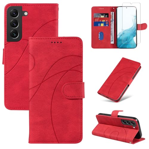 Reshias Handyhülle für Samsung Galaxy S22 5G Hülle mit 1 Stück Gehärtetes Glas Schutzfolie Displayschutzfolie, Standfunktion und Kartenfach Schutzhülle (Rot) von Reshias