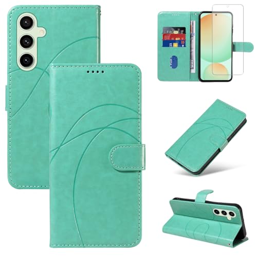 Reshias Handyhülle für Samsung Galaxy S24 FE 5G (Nicht für S24) Hülle mit 1 Stück Gehärtetes Glas Schutzfolie Displayschutzfolie, Standfunktion und Kartenfach Schutzhülle (Grün) von Reshias