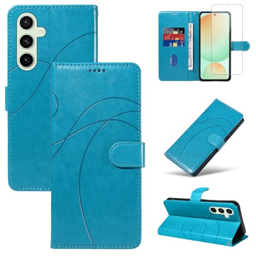 Reshias Handyhülle für Samsung Galaxy S24 FE 5G (Nicht für S24) Hülle mit 1 Stück Gehärtetes Glas Schutzfolie Displayschutzfolie, Standfunktion und Kartenfach Schutzhülle (Himmelblau) von Reshias