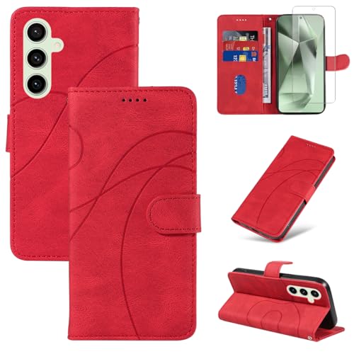 Reshias Handyhülle für Samsung Galaxy S24 FE 5G (Nicht für S24) Hülle mit 1 Stück Gehärtetes Glas Schutzfolie Displayschutzfolie, Standfunktion und Kartenfach Schutzhülle (Rot) von Reshias