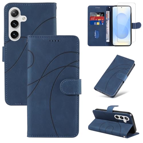 Reshias Handyhülle für Samsung Galaxy S25 5G Hülle mit 1 Stück Gehärtetes Glas Schutzfolie Displayschutzfolie, Standfunktion und Kartenfach Schutzhülle (Blau) von Reshias