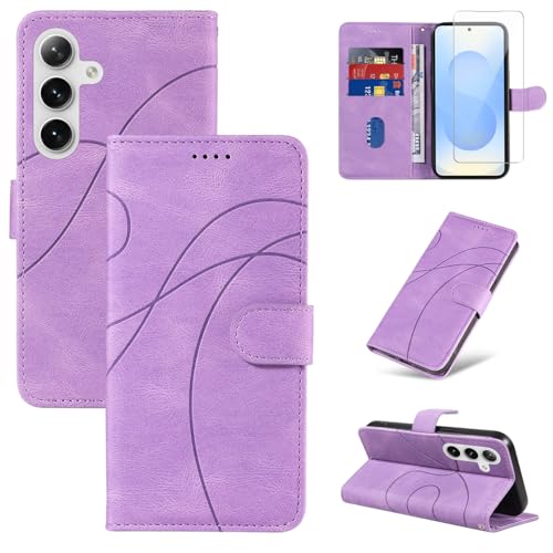 Reshias Handyhülle für Samsung Galaxy S25 5G Hülle mit 1 Stück Gehärtetes Glas Schutzfolie Displayschutzfolie, Standfunktion und Kartenfach Schutzhülle (Lila) von Reshias