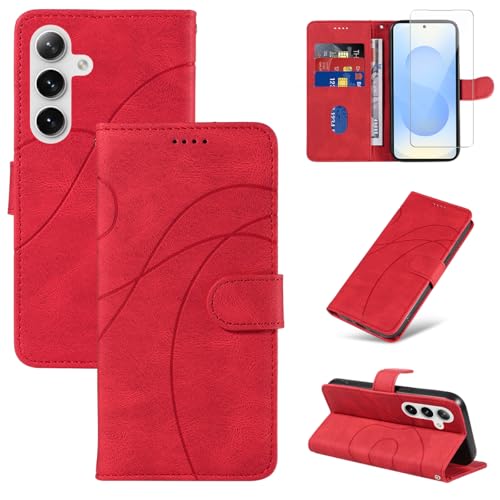 Reshias Handyhülle für Samsung Galaxy S25 5G Hülle mit 1 Stück Gehärtetes Glas Schutzfolie Displayschutzfolie, Standfunktion und Kartenfach Schutzhülle (Rot) von Reshias