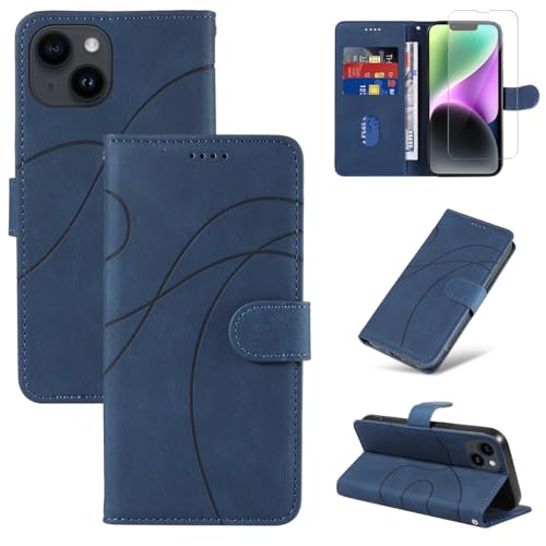 Reshias Handyhülle für iPhone 14 Hülle mit 1 Stück Gehärtetes Glas Schutzfolie Displayschutzfolie, Standfunktion und Kartenfach Schutzhülle (Blau) von Reshias