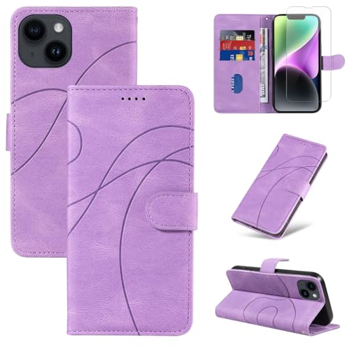 Reshias Handyhülle für iPhone 14 Hülle mit 1 Stück Gehärtetes Glas Schutzfolie Displayschutzfolie, Standfunktion und Kartenfach Schutzhülle (Lila) von Reshias