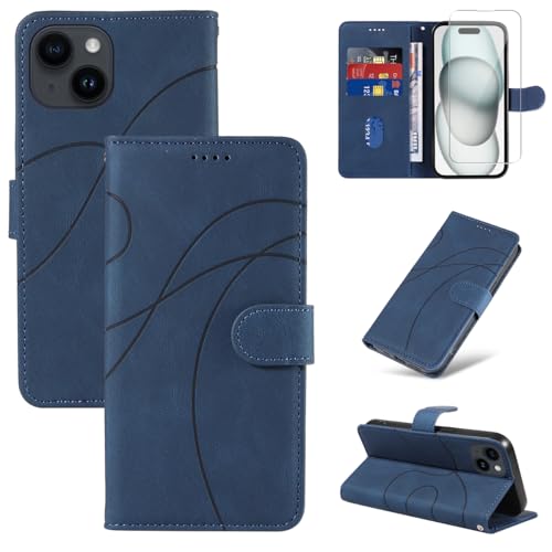 Reshias Handyhülle für iPhone 15 6,1 Zoll Hülle mit 1 Stück Gehärtetes Glas Schutzfolie Displayschutzfolie, Standfunktion und Kartenfach Schutzhülle (Blau) von Reshias