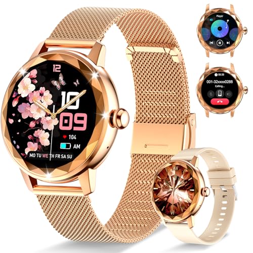 Resopinda Smartwatches für Damen mit Anruf tätigen/annehmen, 1,2 Zoll verstellbare Fitnessuhr mit Herzfrequenz-Schlafmonitor, weiblicher Zyklus und 100+ Sportmodi für iOS Android (Gold) von Resopinda