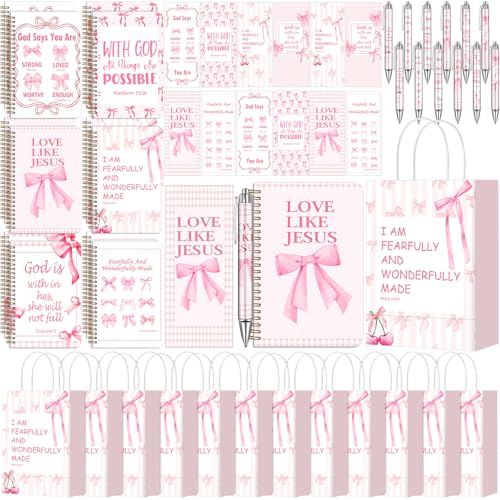 Resurhang 12er-Set rosa Kokette christliche Geschenke für Frauen Kokette Schleife Bibelvers Notizbuch Stift Lesezeichen Papiertüten inspirierende religiöse christliche Geschenke Großpackung für von Resurhang