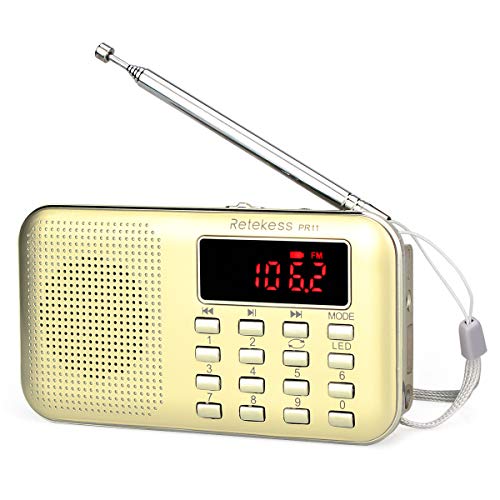 Retekess PR11 Tragbarers Radio, AM FM Kleines Radio mit Lautsprecher, Radio Batteriebetrieben, MP3-Player, Notfall Taschenlampe, LCD Bildschirm(Gold) von Retekess