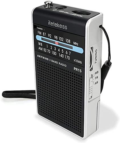 Retekess PR15 Wetterradio NOAA Notfunkgerät mit AM FM Transistor, analoger Radio, unterstützt Kopfhöreranschluss, 2 AAA-Batterien, Handschlaufe, silberfarben / Schwarz von Retekess