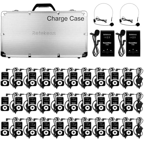 Retekess T130 Tour Guide System, Drahtloses Reiseleitersystem, 99 Kanal, Standby 12H, Tour Guide Headsets zum Reisen (2 Sender und 30 Empfänger, 1 Ladekoffer mit 32 Steckplätzen, 2 Kopfhörer) von Retekess