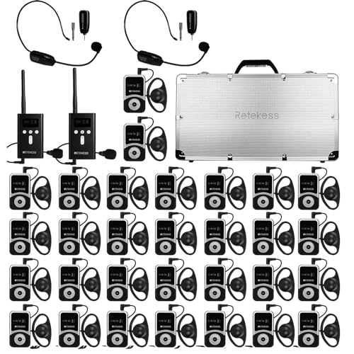 Retekess T130S (T130 2rd) Wireless Tour Guide System, Reiseleitersystem, mit 2 TT123 Mikrofon, 100m, D-Kopfhörer, mit Tragbarer Ladebox mit 32 Steckplätzen, für Tourismus, Fabrik, Universität von Retekess
