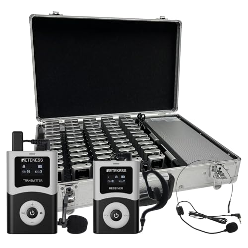 Retekess T130U (T130 4rd) Whisper Tour Guide System, Reiseleiter-Set mit Mikrofon, 4 Sender und 60 Empfänger, Ein-Tasten-Bedienung, 200m, U-Band-Digitalmodus, 60-Slot-Ladekoffer, Gilt für Reisegruppen von Retekess